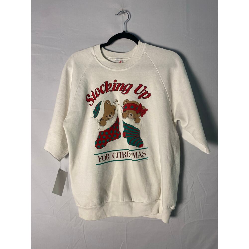 Jerzees Teddy Bear Stocking Up Xmas Print Cut Off Sleeves Crewneck White Shirt